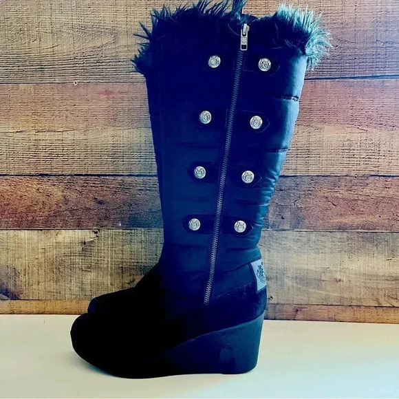 Juicy Couture Everest Quilted Nylon Suede FauxFur Knee High Tall Wedge Boots - Picture 3 of 13